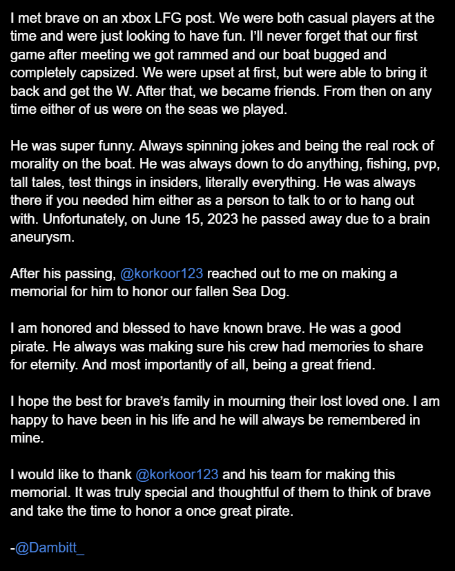 RIP YKBrave 🕊️❤️

Timelapse Vod
 ( youtube.com/watch?v=3wlUIO… )

<a href="/SeaOfThieves/">Sea of Thieves</a> #BeMorePirate <a href="/RareLtd/">Rare Ltd.</a>