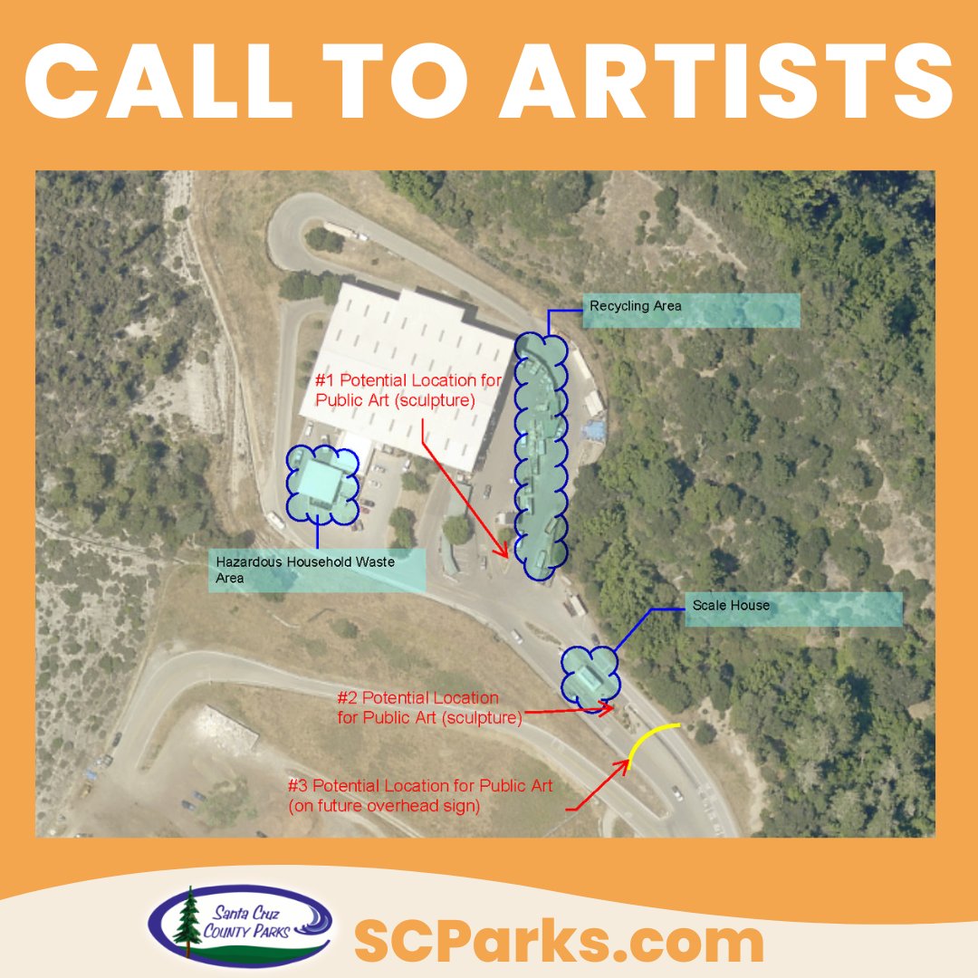 SCParksDept's tweet photo. An artist will be selected to create a site-specific public art component for the Ben Lomond Transfer Station in Santa Cruz County. Information about what to include in your proposal can be found on our website, https://t.co/r9NJvNBixr. Proposals are due by July 14, 2023. https://t.co/f5Ir1e877U