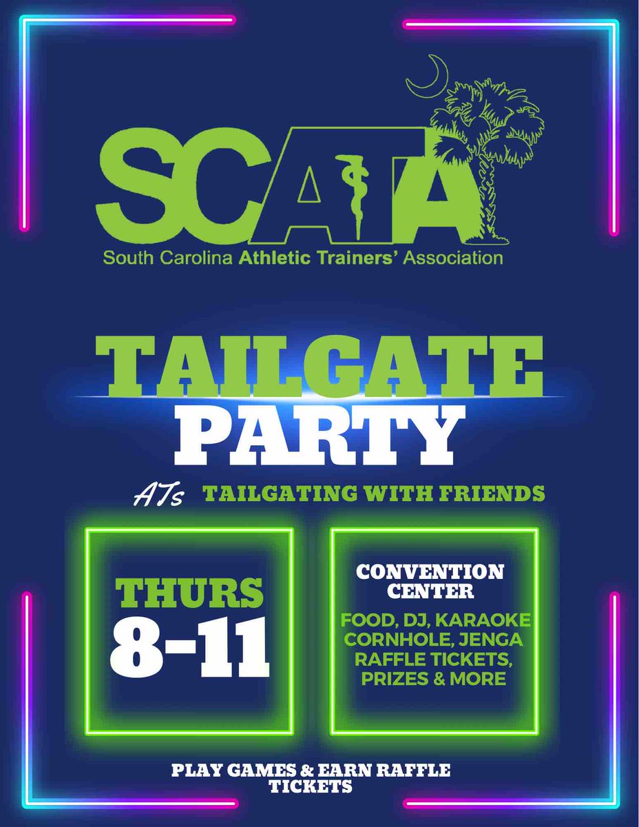 SCATCs's tweet image. It’s tailgate time!! Join us for the 2023 ATs Tailgating with Friends Party!! Play games &amp;amp; earn raffle tickets for COOL prizes! Food, DJ, Caricature &amp;amp; more! All registered symposium attendees are invited! #scata2023 #athletictrainer