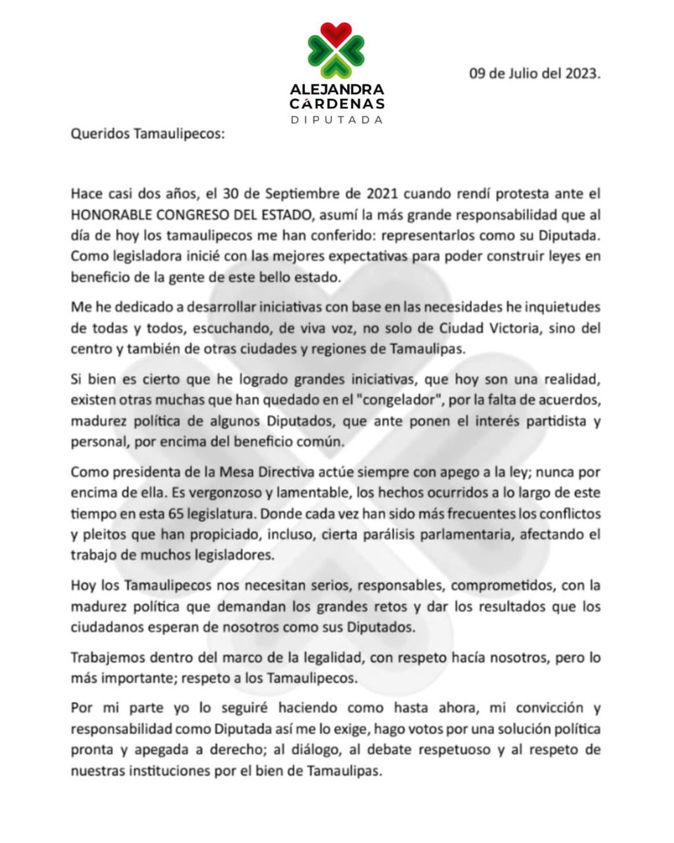 alecardenasc26's tweet photo. Ante los lamentables hechos que han ocurrido en el @CongresoTams, les comparto mi sentir. #Tamaulipas https://t.co/TGTmyTZ3Y8