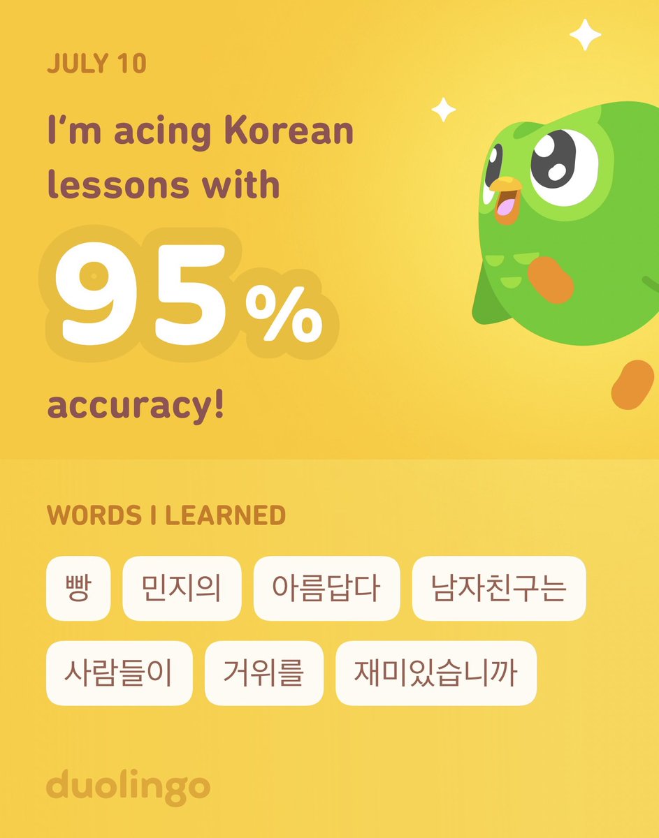 cathylicious's tweet photo. I’m learning Korean on Duolingo! It’s free, fun, and effective. https://t.co/3KR1Utlc9R