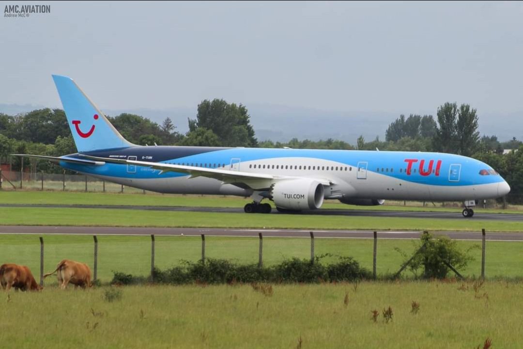 TUI Boeing 787-9 at Belfast International BFS operating an Orlando charter to Melbourne Orlando International Airport recently. Pic courtesy Andrew McCarren.