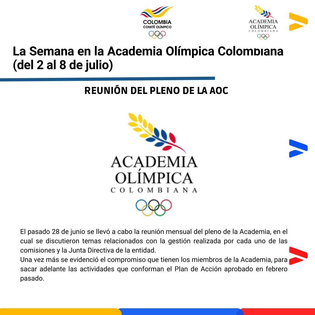 AcadeOlimpicol's tweet photo. Les enviamos un saludo olímpico, 
Les compartimos el boletín de “La Semana en la Academia Olímpica Colombiana” en su edición No. 17, con el resumen de las actividades realizadas entre el 2 y el 8 de julio de 2023.
#OlimpismoColombia
1/2 https://t.co/XGKa0XrnCg