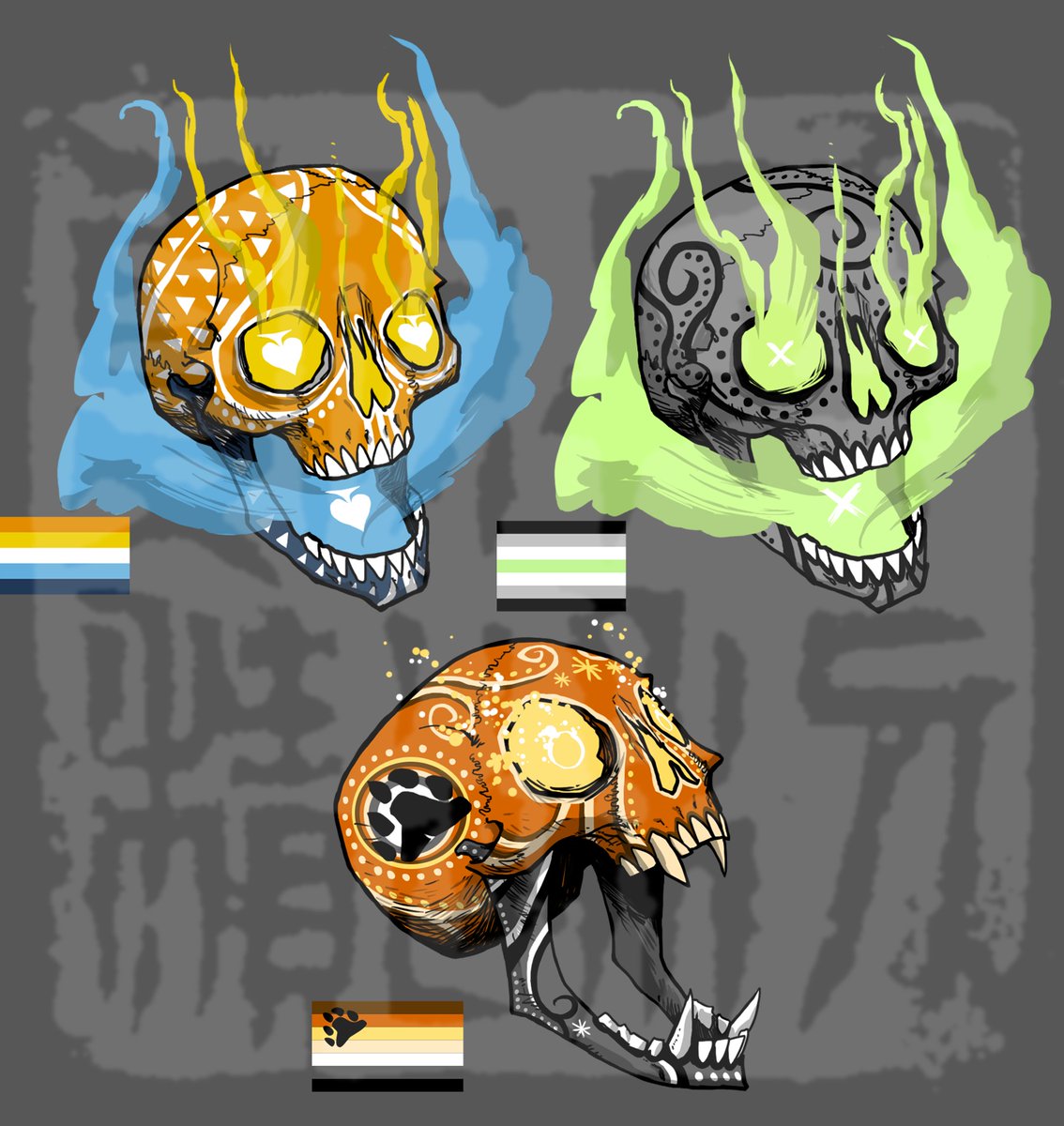 dhirajeta's tweet photo. Here are the last 3 pride skulls of Batch 2!
#agenderpride, #aroacepride, and #bearpride
Thank you for so much support already! There's one last stretch goal of $1,000. Wherein I'll add all of batch 2 stickers as available picks for reward tiers instead of just the original 15. https://t.co/P36rsD8Fsn
