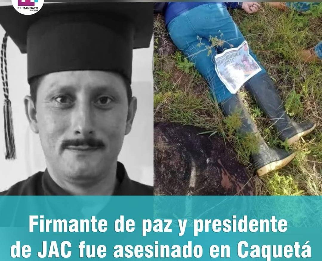 InesBetancur1's tweet photo. Firmante de paz y presidente de JAC Rigoberto Mendoza Ospina, fue asesinado en Caqueta.

Los asesinos dejaron sobre las piernas del firmante de paz, un panfleto alusivo al Frente Rodrigo Cadete, uno de los brazos de las disidencias al mando de Iván Mordisco. 

PAZ TOTAL 🤡🎪 https://t.co/IMtMhQFAV4