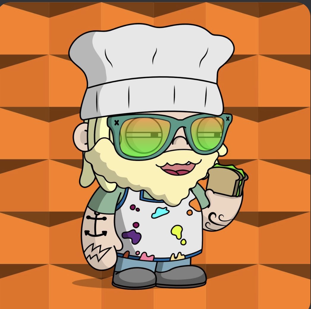 Meet Flovan Z’Cook, Mint # 5623 a retired Pirate from back in the day. Each tattoo is from a different port of call. Munchies for the masses as Flovan Z’Cook is coming to a port near you! I minted this little guy because I love to cook. <a href="/Flovatar/">Flovatar</a>
 #onFlow #MyFlovaStory