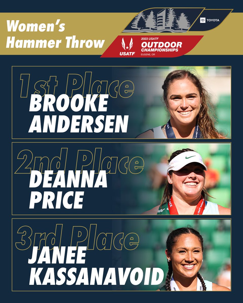 Reigning world champion Brooke Andersen claims the 2023 national title in the Women’s Hammer Throw 👑‼️ 🥇 Brooke Andersen | 258-0 (78.65m) 🥈 DeAnna Price | 256-6 (78.18m) 🥉 Janee' Kassanavoid | 259-9 (76.44m) #USATFOutdoors🇺🇸