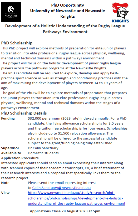 ColinSanctuary's tweet photo. Great PhD opportunity between the @NRLKnights, @Uni_Newcastle and @UON_ExSportSci to explore the applied performance pathway environment within rugby league. https://t.co/z8d38xNPC7