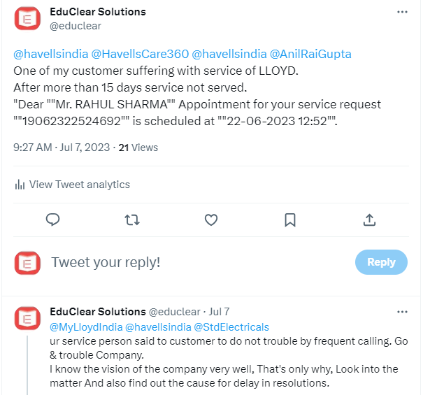 educlear's tweet photo. @HavellsCare360 @MohamedNaweed6 Since Long Time I am suffering. They only highlight issue. Their technicians are totally incapable to resolve the respective issues. Just waste the time of customers. @AnilRaiGupta https://t.co/QEREDctTvH