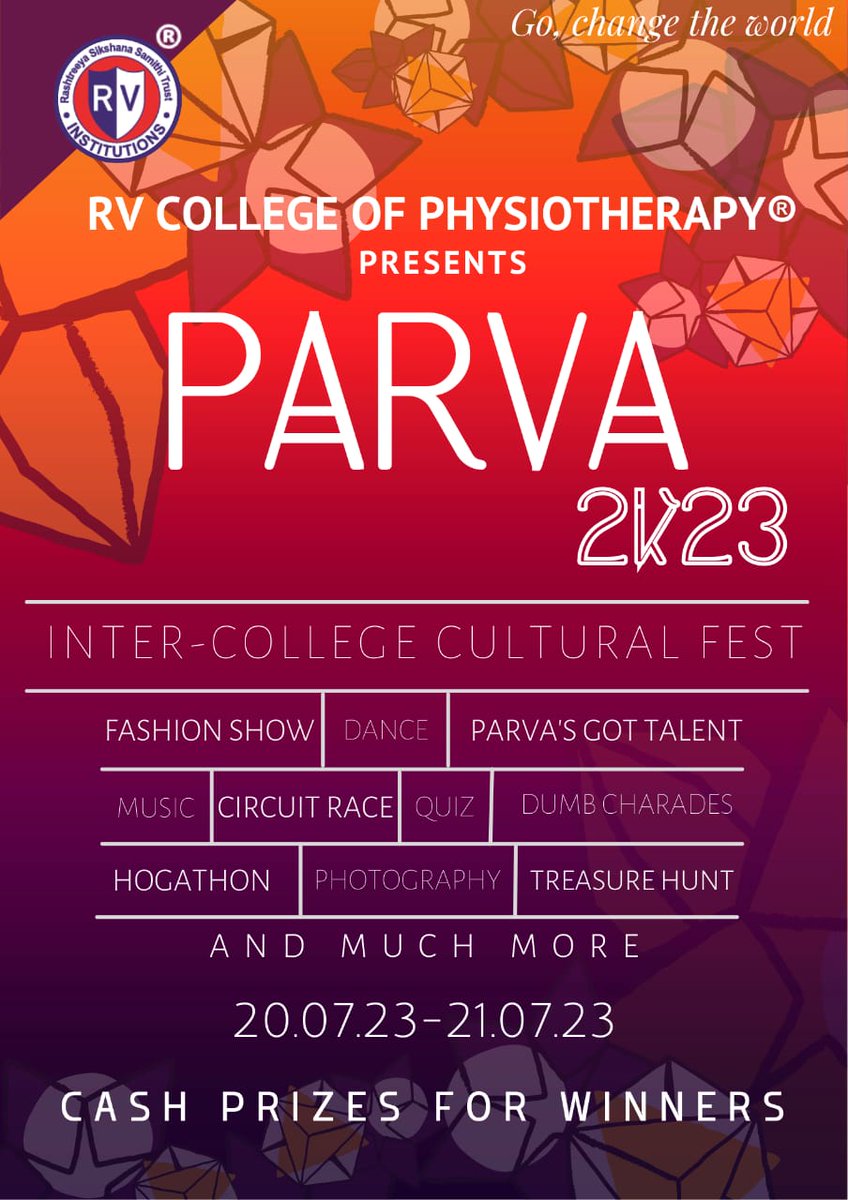 RVPhysiotherapy's tweet photo. Get ready to witness the pinnacle of brilliance as the much-awaited Inter College Parva 2023 unfolds before your eyes. Brace yourself for an exhilarating extravaganza where intellect meets talent and creativity knows no bounds.
#CulturalFest #Fest #Collegefest #Events #RVCP https://t.co/wWlKF4piwc