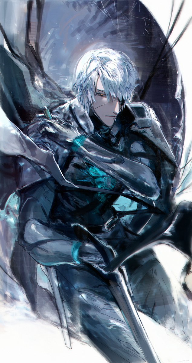 1boy male focus weapon solo sword white hair holding  illustration images