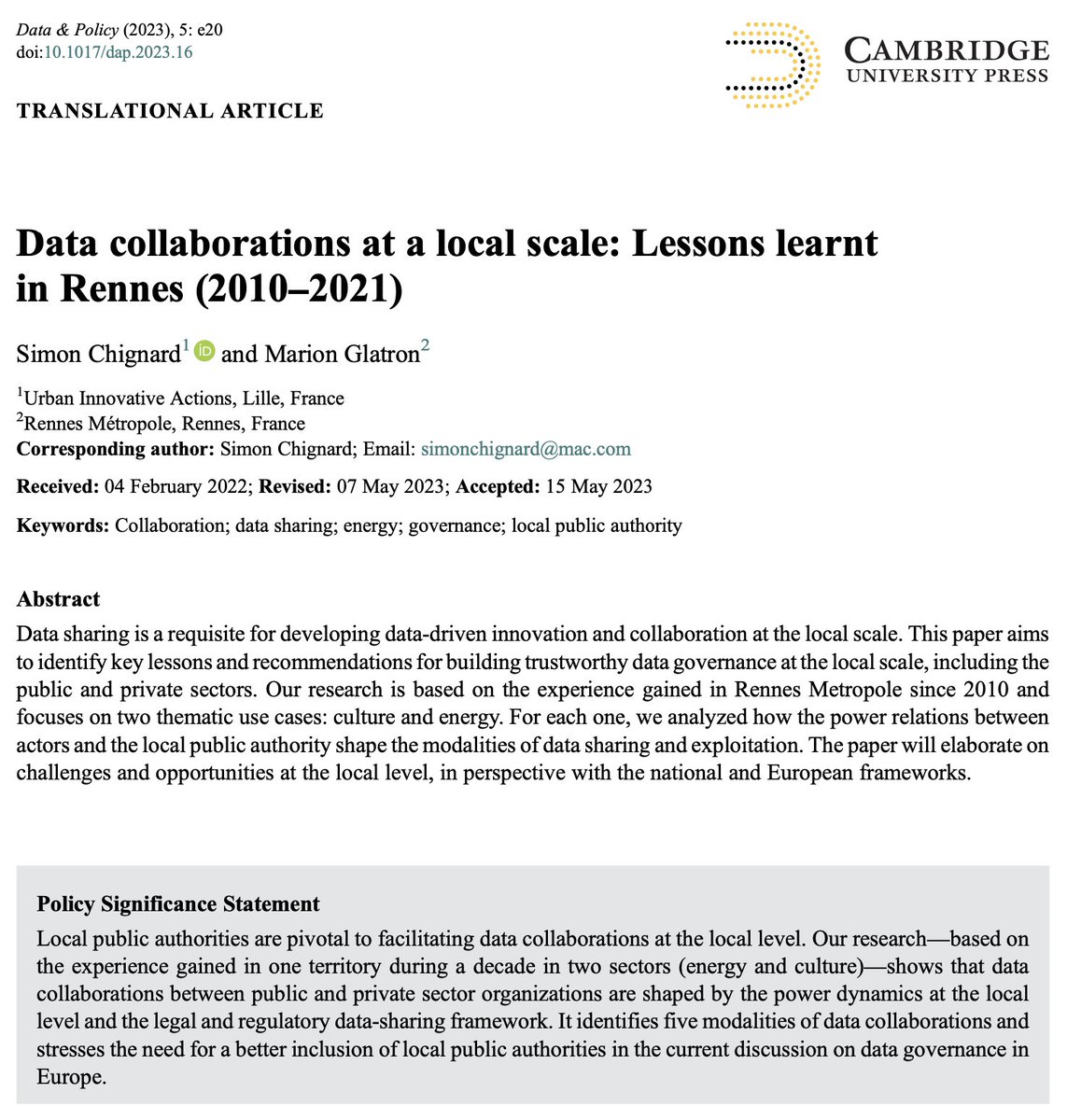 Data collaborations at a local scale: lessons learnt in Rennes (2010–2021)

@SChignard & Marion Glatron

→ doi.org/10.1017/dap.20…

#DataCollaboration #DataSharing #EnergySector #CulturalSector #DataGovernance #LocalGovernment #EuropeanStrategyforData #France #RennesMetropole 🇫🇷