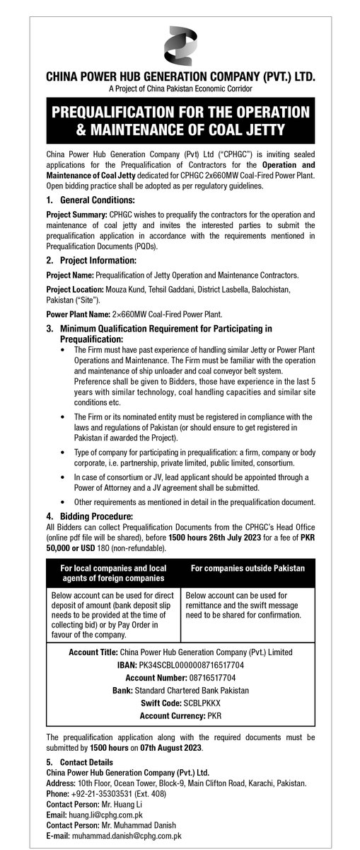 ChinaPowerHub's tweet photo. Tender Notice:

CPHGC is conducting competitive bidding for the "Operation and maintenance of  Coal Jetty". Interested vendors can apply for bidding.

#CPEC https://t.co/vwirkRLDKg
