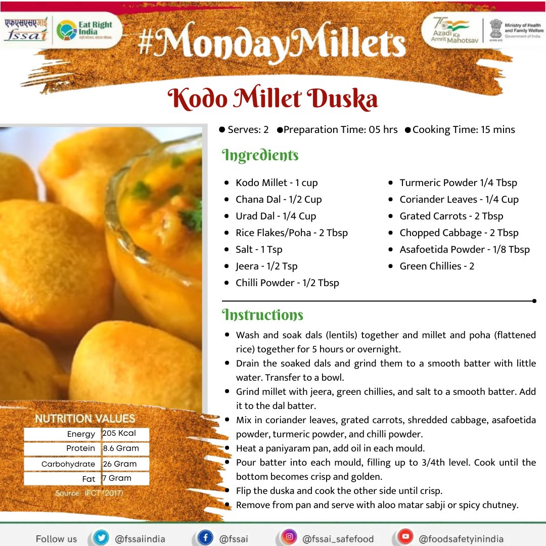 fssaiindia's tweet photo. Start your day with a healthy twist! Try the traditional crispy and nutritious Kodo Millet Duska for a wholesome breakfast.

#MondayMillets
#IYM2023

@MoHFW_INDIA @IYM2023 @AmritMahotsav https://t.co/f2KZgJHTDu