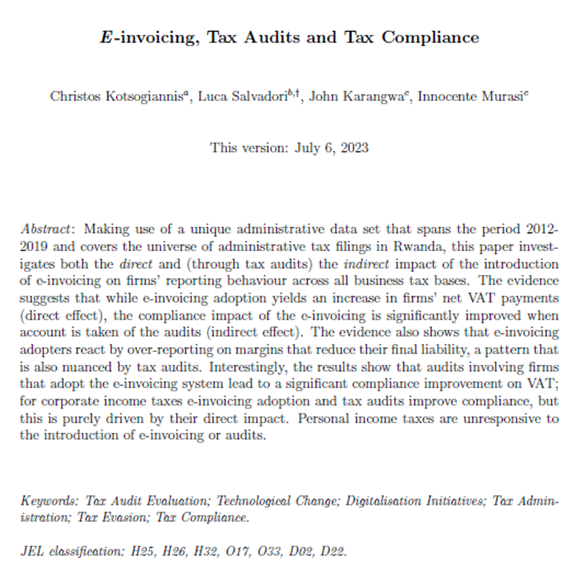 New paper on the role of #electronic #billing #machine (#EBMs) in enhancing compliance directly, through broadening the tax base, but also indirectly through making tax audits more efficient w/@LVSalvadori @Karjon21 and Murasi [1/9]