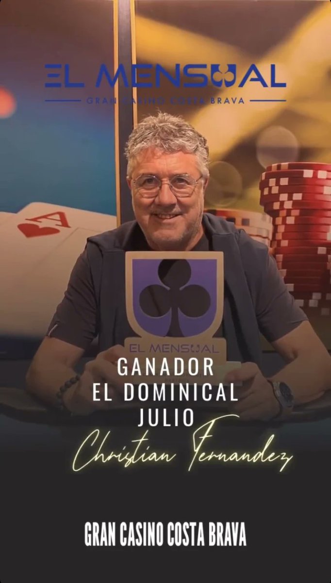 GranCasinoCB's tweet photo. Christian Fernández, ganador del torneo paralelo, El Dominical del mes de julio.

La próxima cita será el 9 y 10 de septiembre.

¡Feliz verano!

#poker #casino #lloret #mensual #dominical

*El Mensual y El Dominical tienen el sello de calidad de @laroushevents. https://t.co/U0FLzSVaNI