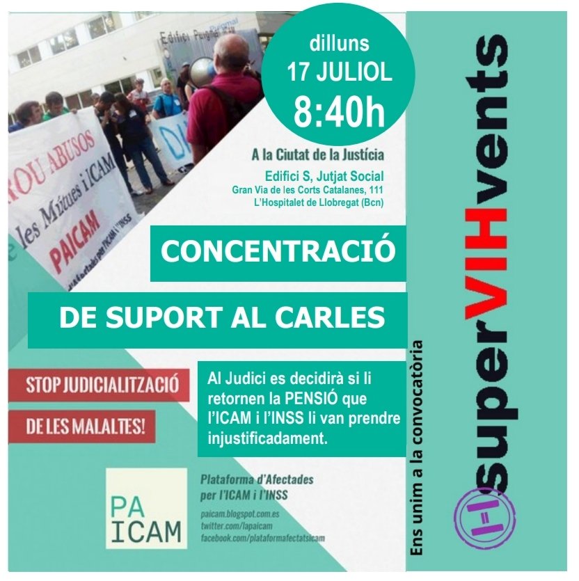 No fem vacances. ⚠️Tornem a retrobar-nos als jutjats per fer costat al nostre company Carles, que reclama per enèsima vegada el seu dret d'emmalaltir amb dignitat.
📆 17 juliol
⏰ 8:40 del matí
📍Ciutat de la Justícia
Convoquem @SuperVIHvents i <a href="/LaPAICAM/">PAICAM Catalunya | perfil oficial</a>
NECESSITEM SER MOLTES‼️