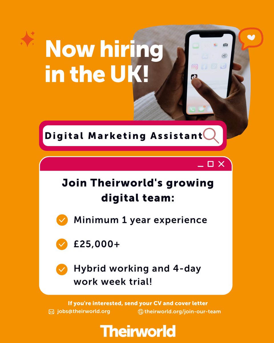 theirworld's tweet image. We are hiring! If you&apos;re just starting out on your career in digital marketing, and want a job with purpose, check our our current opening in the London office (hybrid working) theirworld.org/join-our-team/

#DigitalMarketing #DigitalJob #SocialMediaMarketing