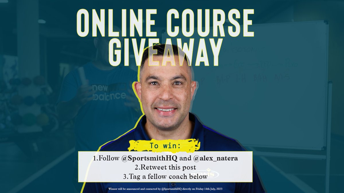 ONLINE COURSE GIVEAWAY! Want to get FREE lifetime access to the isometric strength training online course with @alex_natera? 1. Follow @SportsmithHQ & @alex_natera 2. Retweet this post 3. Tag a fellow coach 👇🏼 Winner announced on Friday 14th July