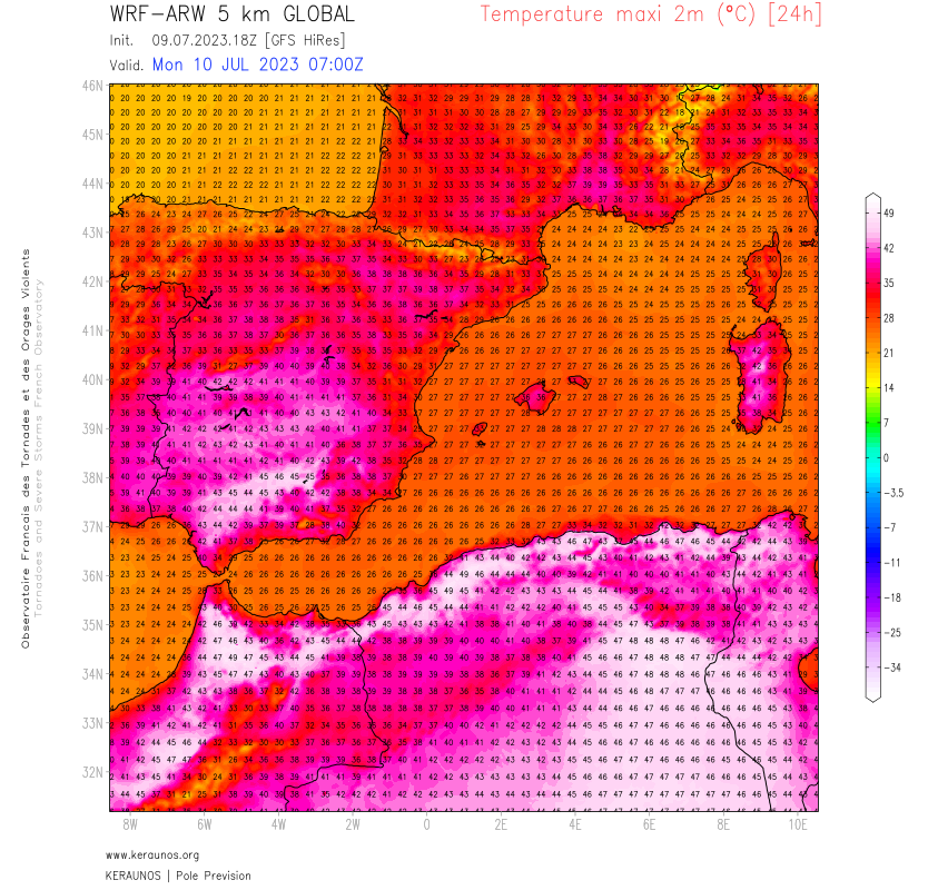 KeraunosObs's tweet photo. La chaleur va sensiblement s'accentuer avec le renforcement du dôme anticyclonique entre sud #Espagne (45/46°C), #Maroc et #Algérie où des pointes à 49°C sont simulées sur le nord de ces deux pays ce lundi. #canicule https://t.co/yDNpgcbJeL