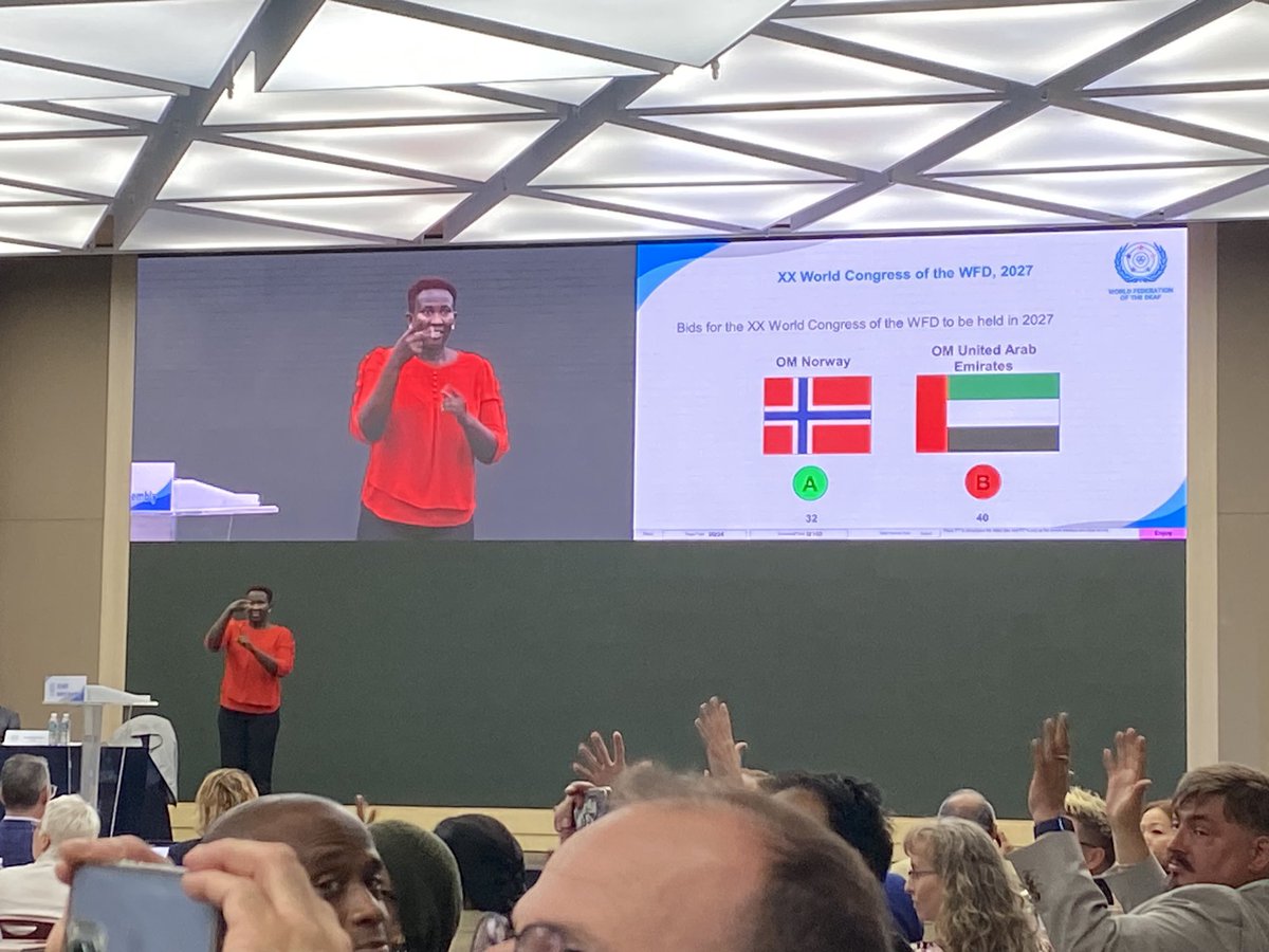 After the two rounds of voting by delegates at @WFDeaf_org General Assembly (with Norway and Nigeria also in the running), UAE won the right to host the next World Congress. Disappointingly there was also a clarification that LGBT+ topics would not be allowed at the Congress.