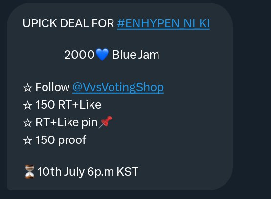 rkxiel's tweet photo. UPICK DEAL FOR #ENHYPEN_NI_KI   #ENVOOSTERS #ENFuelUp 

                 2000💙 Blue Jam

☆ Follow @VvsVotingShop 
☆ 150 RT+Like
☆ RT+Like pin📌
☆ 150 proof

⏳10th July 8p.m KST https://t.co/nOHKNCc9Wy