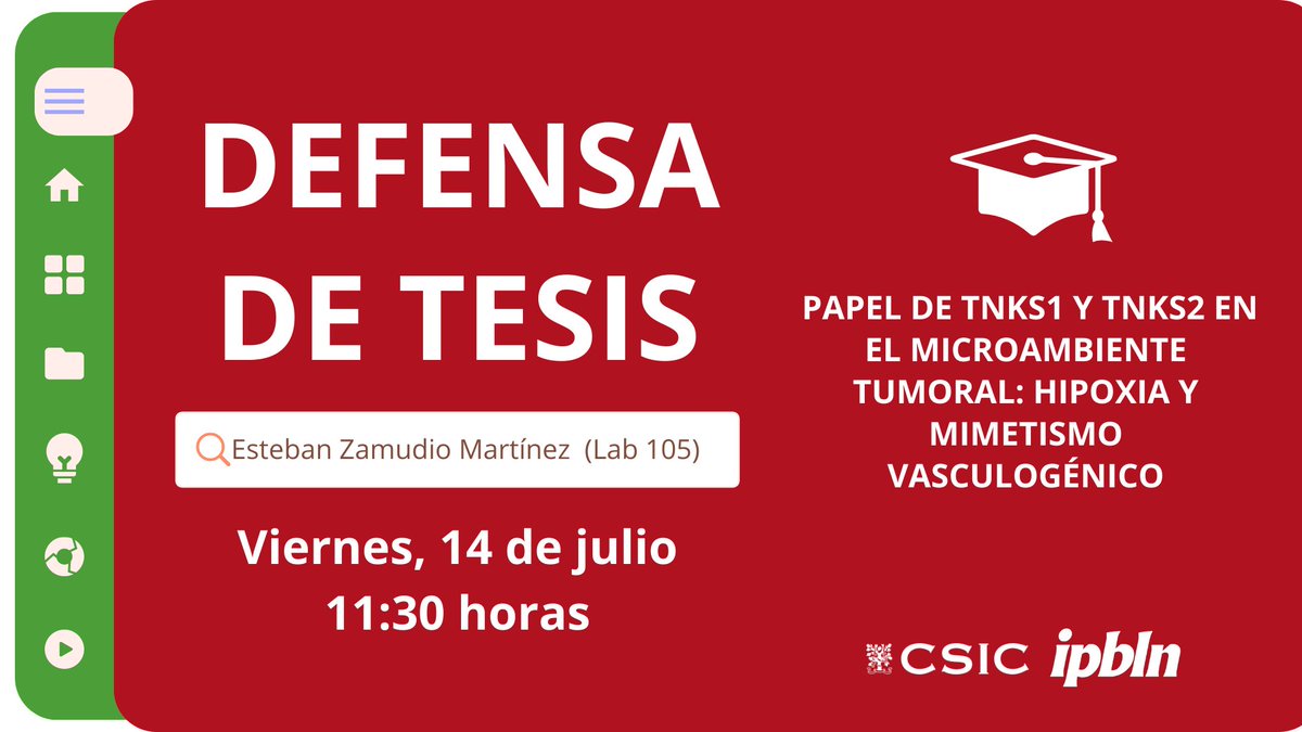 Esta semana en el IPBLN

🎓 Defensa de tesis doctoral de Esteban Zamudio Martínez (Lab 105). ¡Mucho ánimo!

🗓 Viernes, 14 de julio

🕦 11:30 horas