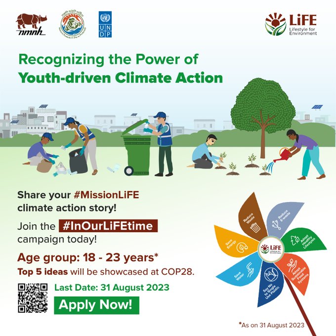 Are you a #ClimateChampion? Is your #ClimateAction sustainable & scalable?

@moefcc, @NMNHIndia & @UNDP_India invite you to tell us your #ClimateAction story. 

Top stories will be showcased at #COP28!  

Apply now👉🏽 bit.ly/3WY7swO.
Deadline: 31 Aug 2023  #InOurLiFEtime