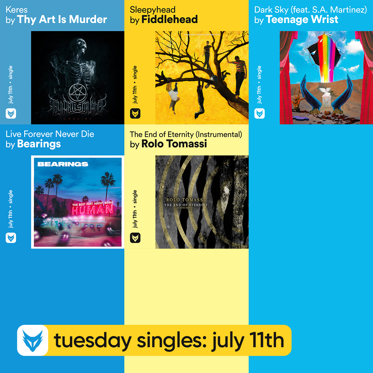 FOXCOREisdead's tweet image. // #Tuesday singles: July 11th

@thyartismurder — Keres
@fiddleheadusa — Sleepyhead
@TeenageWrist — Dark Sky (feat. #SAMartinez of @311)
@bearingsband — Live Forever Never Die
@rolotomassiband — The End of Eternity (Instrumental)