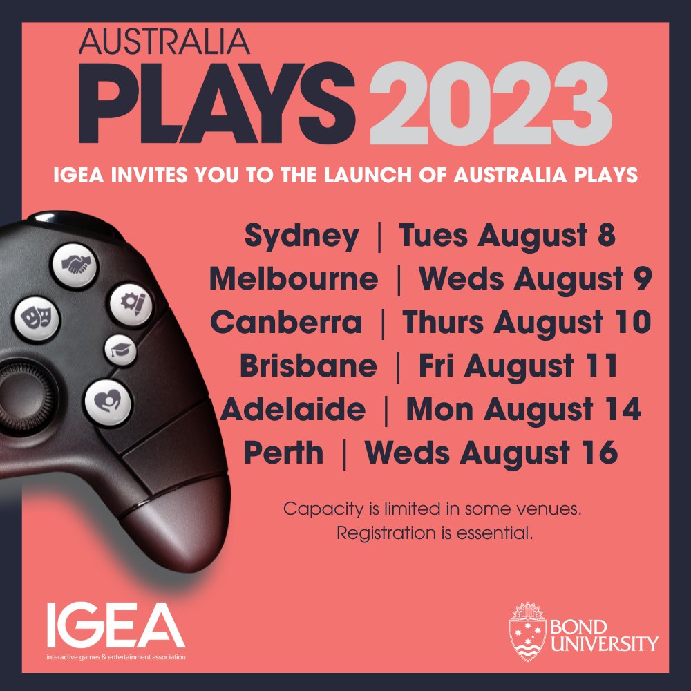 Join IGEA as we launch Australia Plays, the latest in the Digital Australia research series. The author Dr Jeff Brand from <a href="/BondUniversity/">Bond University</a> will present the findings.

We will be coming to a state near you - capacity is limited so RSVP now:

eventbrite.com/cc/australia-p…