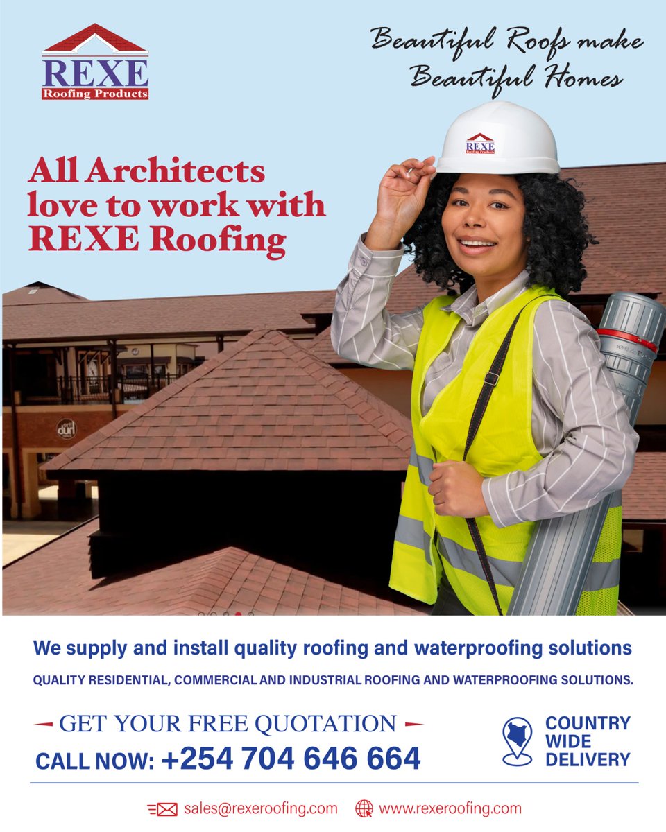 RexeRoofing's tweet photo. We work with ARCHITECTS who value QUALITY and EFFICIENCY. JOIN this great PARTNERSHIP today and work with THE BEST in the roofing industry
Contact us for more info...
Call/WhatsApp: 0704 64 6664 | https://t.co/YVxtNKDBBv
#RexeRoofing #Roofing #Waterproofing #Architecture https://t.co/PNx5YYSrc5