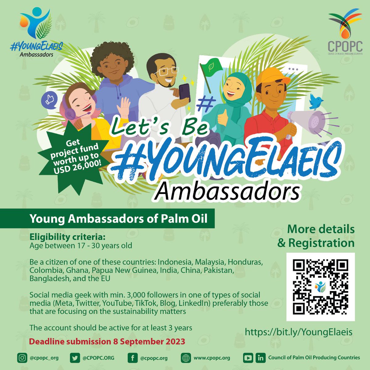 Calling young individuals 𝗮𝗴𝗲𝗱 𝟭𝟴-𝟯𝟬 to take part at #YoungElaeis that gathers passionate enthusiasts of palm oil from 🇮🇩🇲🇾🇭🇳🇬🇭🇨🇴🇵🇬🇮🇳🇨🇳🇪🇺🇵🇰🇧🇩. Embrace this opportunity to get valuable experience and networking in #sustainablepalmoil🌴
More info: bit.ly/YoungElaeis