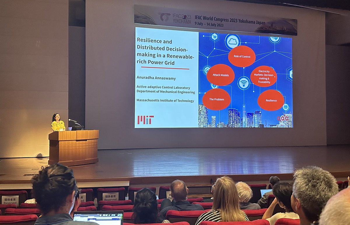 I really enjoyed the plenary from @aanna_mit on resilience and distributed decision making in a renewable-rich power grid at @IFAC2023 this morning.