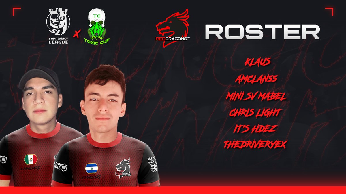 Red Dragons (@redragons01) on Twitter photo #CR | PRESENTACION ✨
Estos son nuestro jugadores elegidos para afrontar el último clasificatorio de <a href="/ToxicCup3/">Toxic_Cup</a> x <a href="/CR_Supremacy/">Supremacy League</a> 🔥
🇧🇷 <a href="/Klauszinho007/">Klaus</a>
🇪🇸 <a href="/AMclan55/">AMclan55</a>
🇸🇻 <a href="/Mini5031/">Mini SV〽️</a>
🇵🇪 <a href="/_ChrisLight/">Christ Lai🍃</a>
🇲🇽 <a href="/gsosa9759/">Gio Sosa</a>
🇲🇽 <a href="/DriverYex/">iDriverYex</a> #CR | PRESENTACION ✨
Estos son nuestro jugadores elegidos para afrontar el último clasificatorio de <a href="/ToxicCup3/">Toxic_Cup</a> x <a href="/CR_Supremacy/">Supremacy League</a> 🔥
🇧🇷 <a href="/Klauszinho007/">Klaus</a>
🇪🇸 <a href="/AMclan55/">AMclan55</a>
🇸🇻 <a href="/Mini5031/">Mini SV〽️</a>
🇵🇪 <a href="/_ChrisLight/">Christ Lai🍃</a>
🇲🇽 <a href="/gsosa9759/">Gio Sosa</a>
🇲🇽 <a href="/DriverYex/">iDriverYex</a>