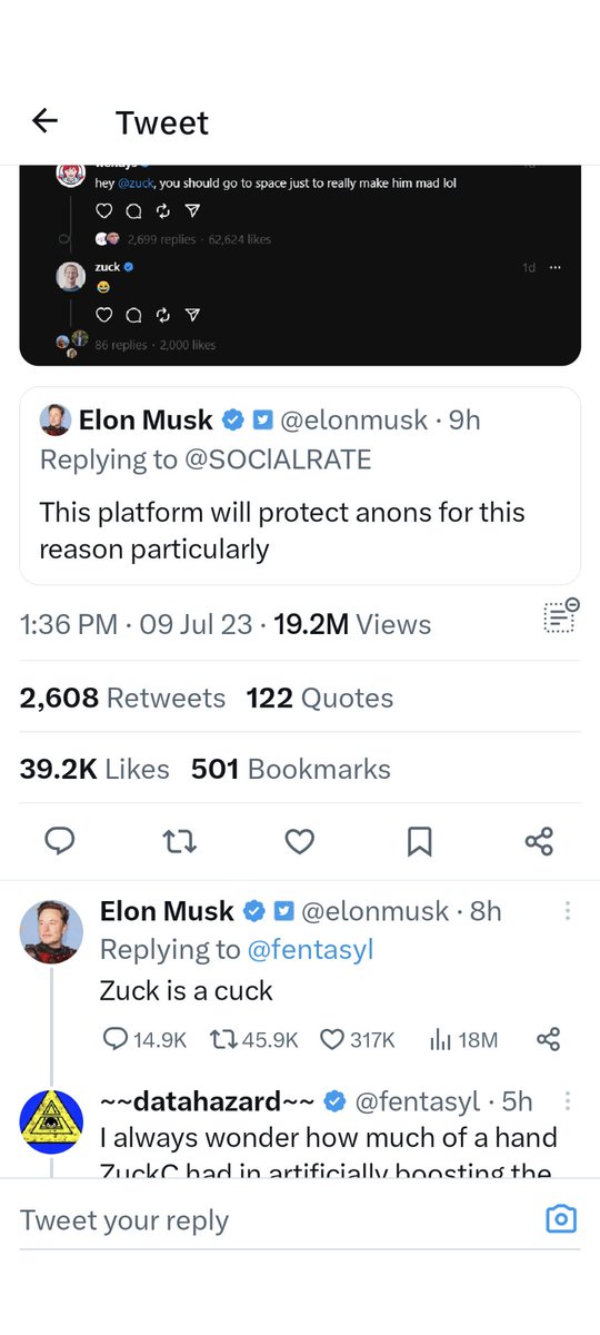 stbloomfield's tweet photo. As much as I enjoy the content from many people who I follow I think I'm going to pause my account on here until @elonmusk shuts up or isn't the owner any more. I can't imagine the owner of any company publicly calling anyone a cuck. Or pedo guy. Or whatever derogatory term... https://t.co/lF7xZ48oss