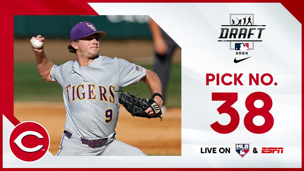 With the 38th pick, the @Reds select @LSUbaseball right-handed pitcher Ty Floyd, No. 58 on the Top 250 Draft Prospects list. Watch live: atmlb.com/44DKVbZ