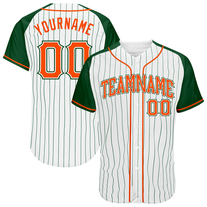 Introducing our Custom White Green Pinstripe Orange Green Raglan Sleeves Personalized Baseball Jersey, the perfect blend of style and personalization for baseball enthusiasts! 
#CustomBaseballJersey
#PersonalizedBaseballJersey
#BaseballStyle
#TeamSpirit
#YellowMarts