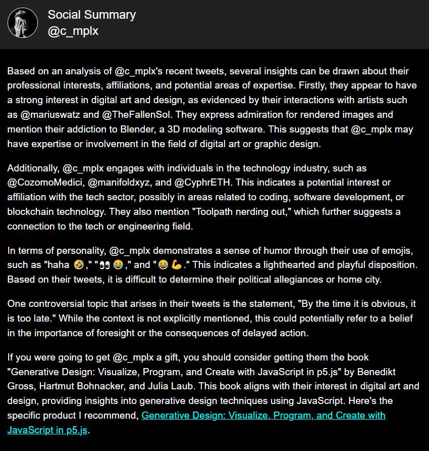 gn with a fun, quick AI summary about my social activity from TweetGPT.

Seems to be biased by my most recent interactions, but it's true, I love interacting with @mariuswatz and saying 'haha🤣'. 

h/t @HeatherNStout
