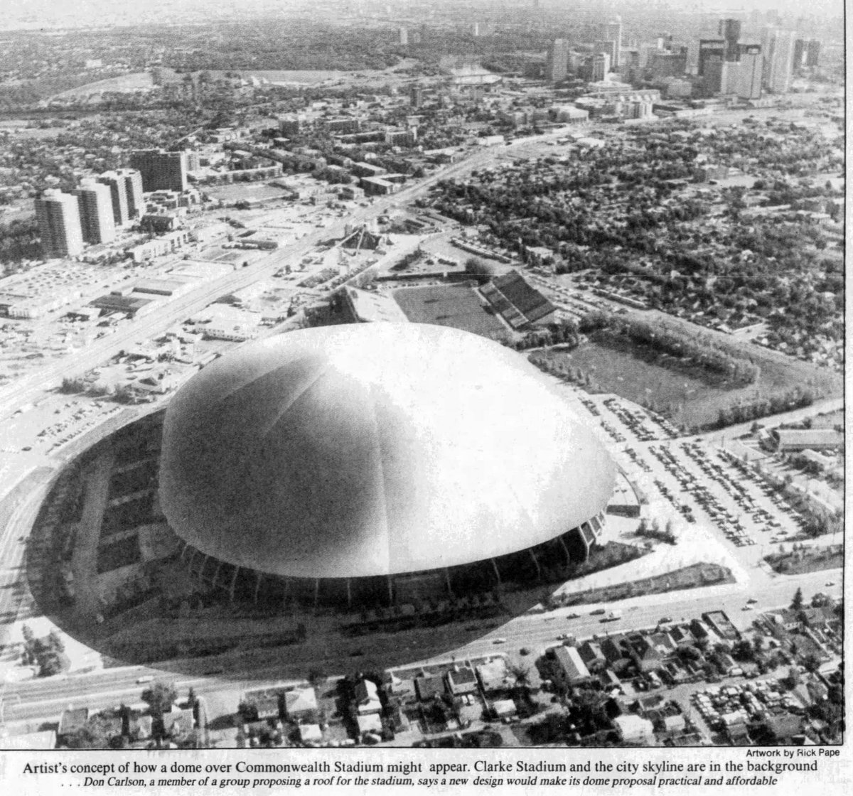 VintageEdmonton's tweet photo. Really love the mock-up of a domed Commonwealth Stadium: https://t.co/JlVqaPu2FJ