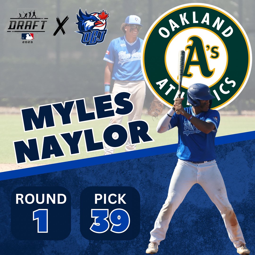 Congratulations to Ontario Blue Jays IF Myles Naylor on being selected by the Oakland A’s in the 1st Round of the 2023 MLB Draft (39th Overall). #MLBDraft | #OBJFam | @MylesNaylor22