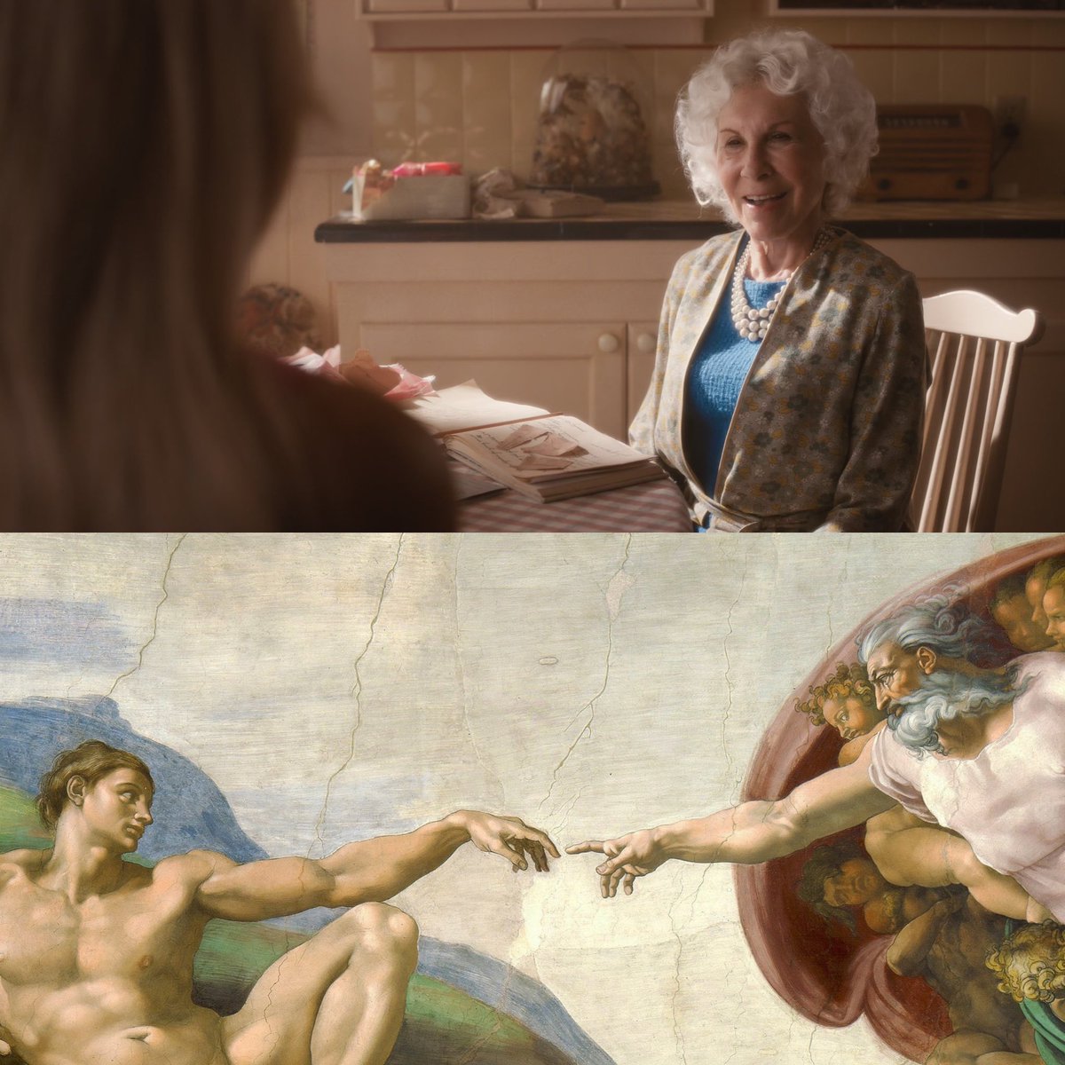 FilmUpdates's tweet photo. Margot Robbie on her favorite easter egg in Greta Gerwig’s #Barbie 

“There’s a moment when Ruth Handler, the creator of Barbie, gives Barbie a cup of tea and our hands touch like ‘The Creation of Adam’ by Michelangelo, imitating the moment when God gives life to the first man.” https://t.co/H32ZnIWDL4
