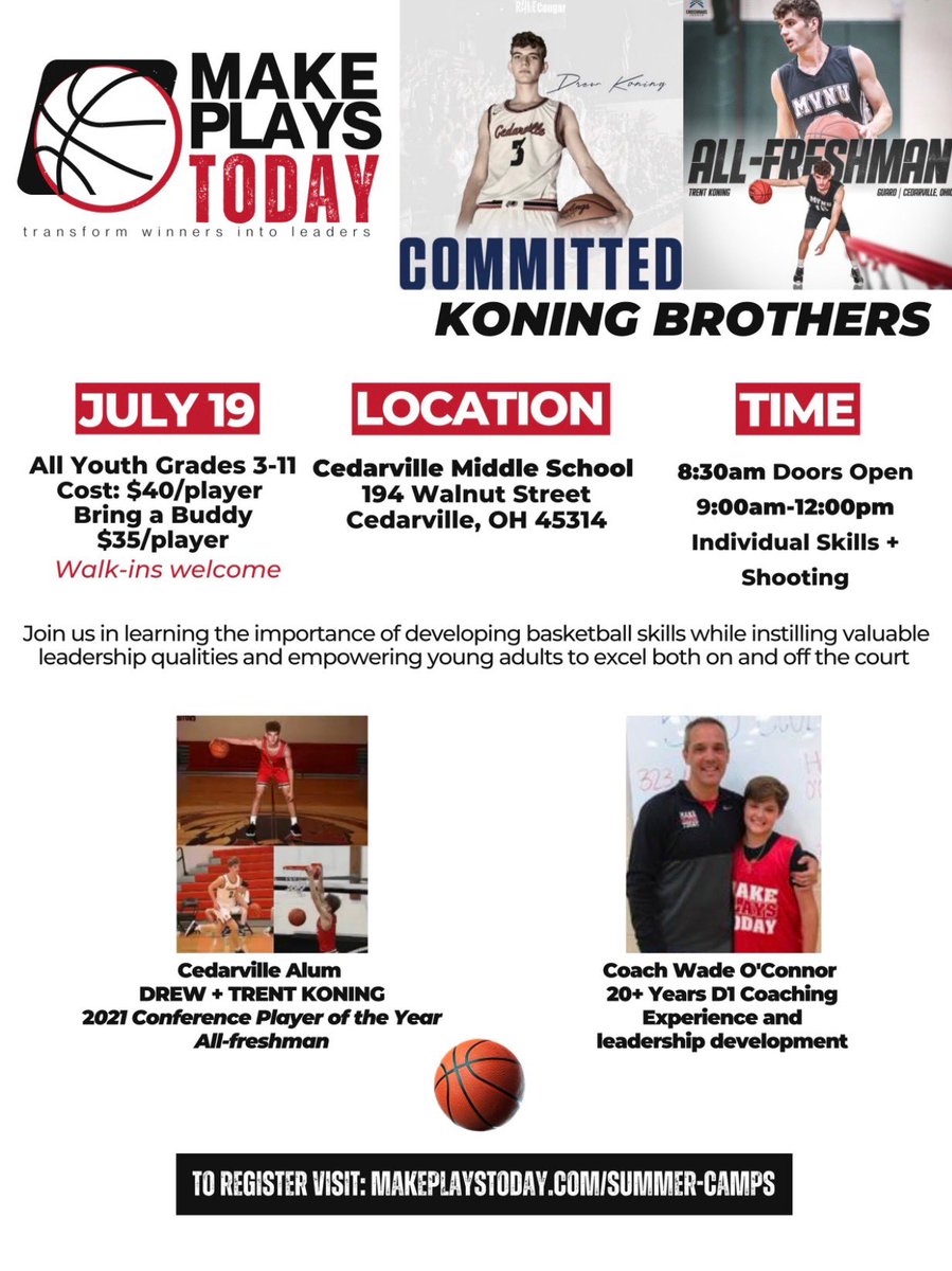 mrskkoning's tweet photo. Great opportunity for Cedarville and surrounding communities!! Coach Wade has made a great impact on our boys’ game!! Come get better together!! Next week…July 19!! @tkoning21 @KoningDrew @wadeoconnor01 https://t.co/lzse4OYjuc