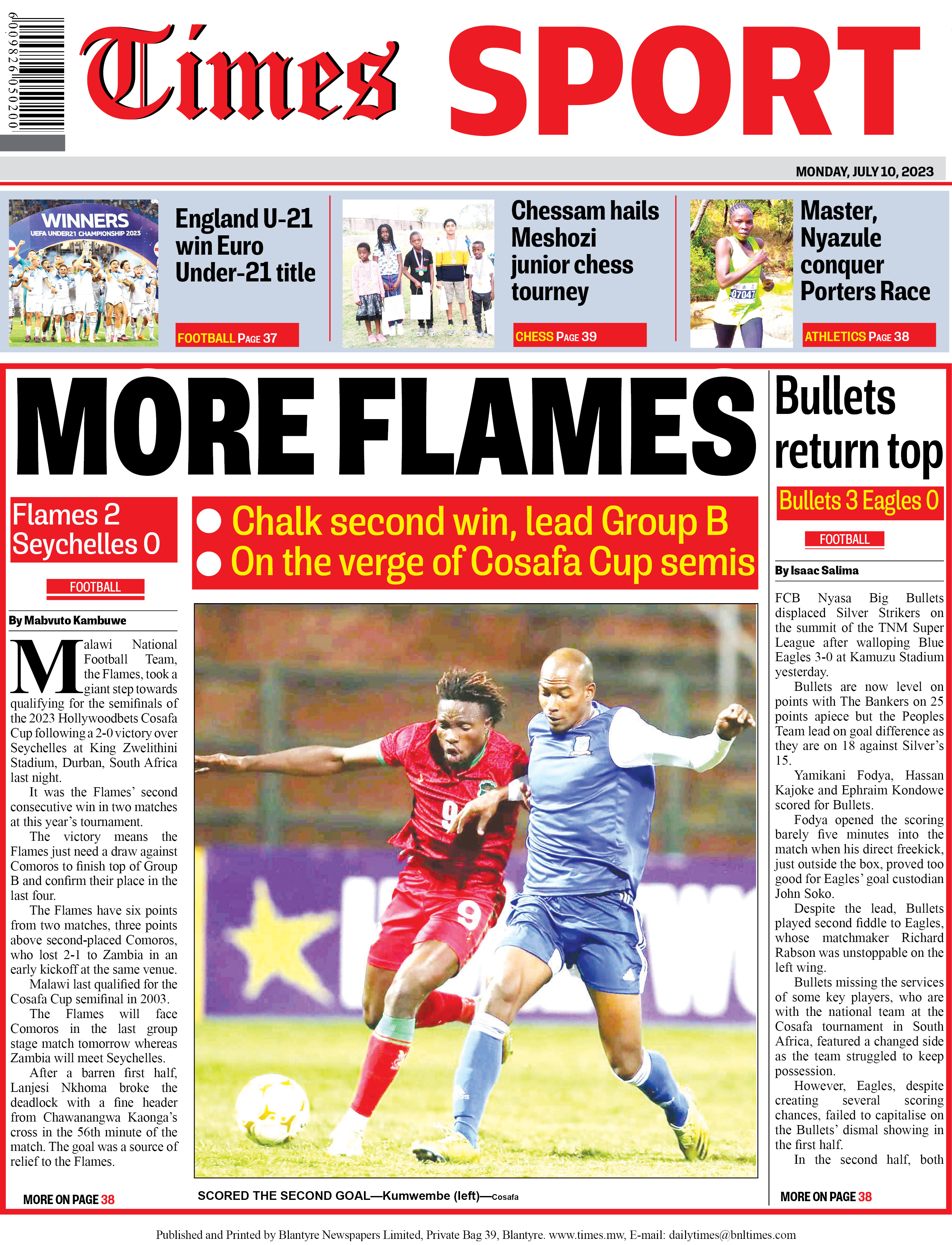 Times 360 Malawi on X: #TheDailyTimes back page: Malawi National Football  Team took a giant step towards qualifying for the semifinals of the 2023  Hollywoodbets Cosafa Cup following a 2-0 victory over