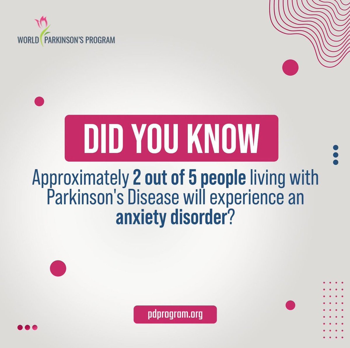Did you know that 2 out of 5 people living with Parkinson’s Disease will experience an anxiety disorder?

Your donation can help fund research into the causes and risk factors of Parkinson's disease to help prevent and better manage the disease!