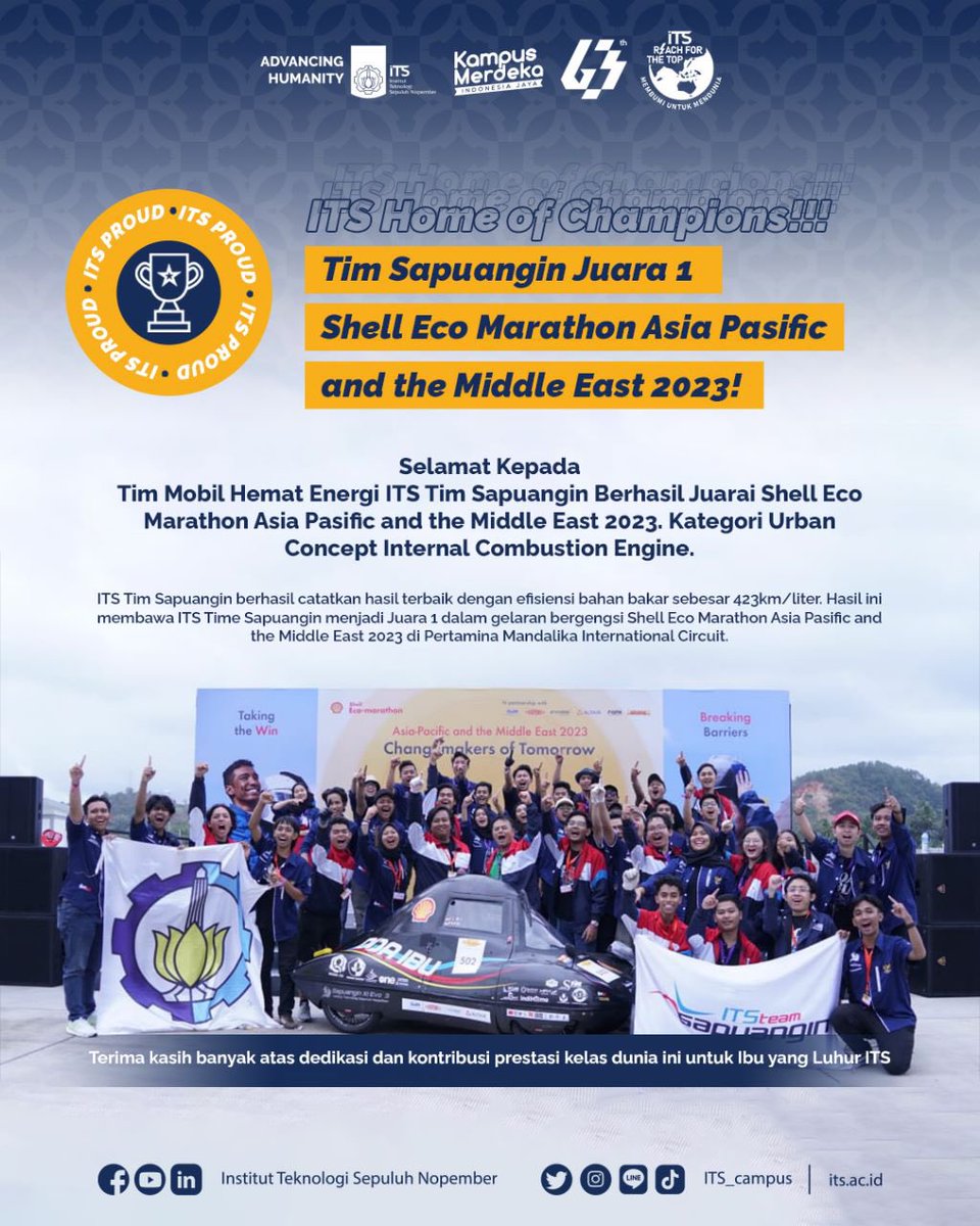 its_campus's tweet photo. #ITSProud

ITS Home of Champions!
ITS Tim Sapuangin Juara 1 Shell Eco Marathon Asia Pasific and the Middle East 2023! 

Selamat Kepada 
Tim Mobil Hemat Energi ITS Tim Sapuangin Berhasil Juarai Shell Eco Marathon Asia Pasific and the Middle East 2023. Kategori Urban Concept ICE. https://t.co/mJfHgluQHl