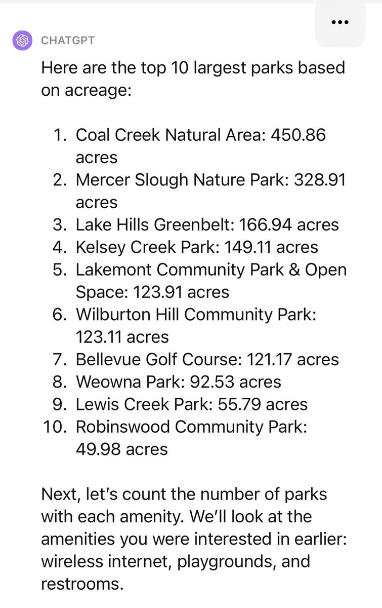 Still very new to this, but I used ChatGPT Code Interpreter to find the 10 largest parks in Bellevue. 1. Upload park csv obtained from data.bellevuewa.gov/datas… 2. Ask ChatGPT “what interesting things can you tell me about the data?” Wow!