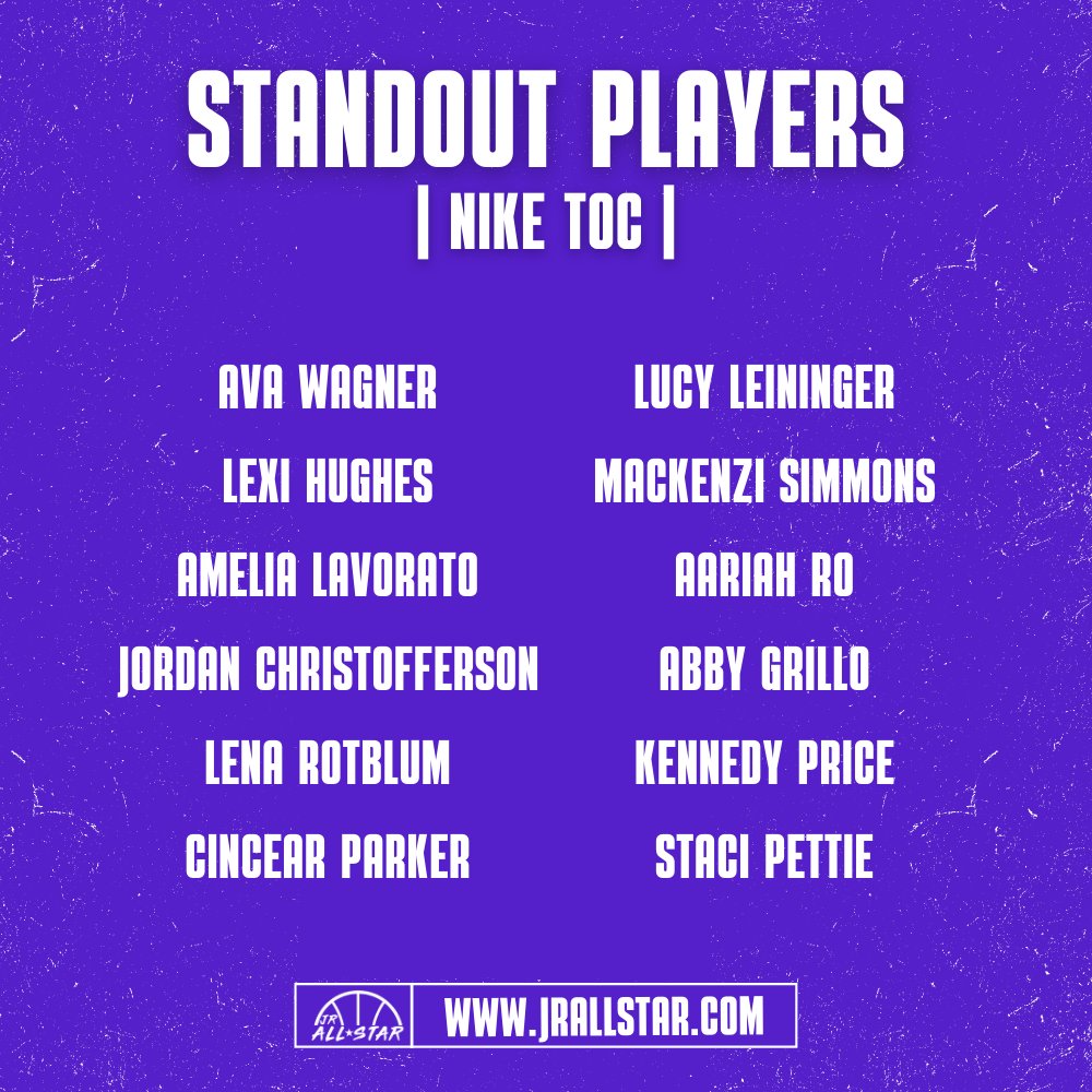 𝗦𝗧𝗔𝗡𝗗𝗢𝗨𝗧 𝗣𝗟𝗔𝗬𝗘𝗥𝗦

Check out the players who caught our eye at Nike TOC! 👀

<a href="/Avawagnerbball/">Ava Wagner</a> <a href="/LexHughes12/">Lexi Hughes</a> <a href="/AmeliaLavorato/">amelia lavorato</a> <a href="/GoGoChristo/">Jordan Christofferson</a> <a href="/lucyleininger/">lucy</a> <a href="/SimmonsMackenzi/">mackenzi simmons</a> <a href="/its_aariah/">Aariah Roa</a> <a href="/GrilloAbby/">Abby Grillo</a> <a href="/iamkennedy41/">Kennedy Price</a> <a href="/StaciP_24/">Staci Pettie 2️⃣5️⃣</a> <a href="/HuntUnitedBB/">ProSkills Hunt Basketball</a> <a href="/CometsBallers/">Comets Basketball</a> <a href="/Cal_Storm1/">California Storm Team Taurasi</a>