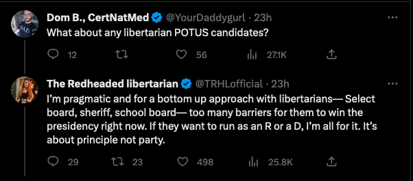 Liberal_Prag's tweet photo. There are some bad faith people in the "liberty" movement. 

She just disassociated from @ChaseForLiberty. The stated reason is that he was rude (he wasn't, she was rude to him). 

But this is the real reason. When people tell you who they are, believe them. https://t.co/S2mvk0xbFv