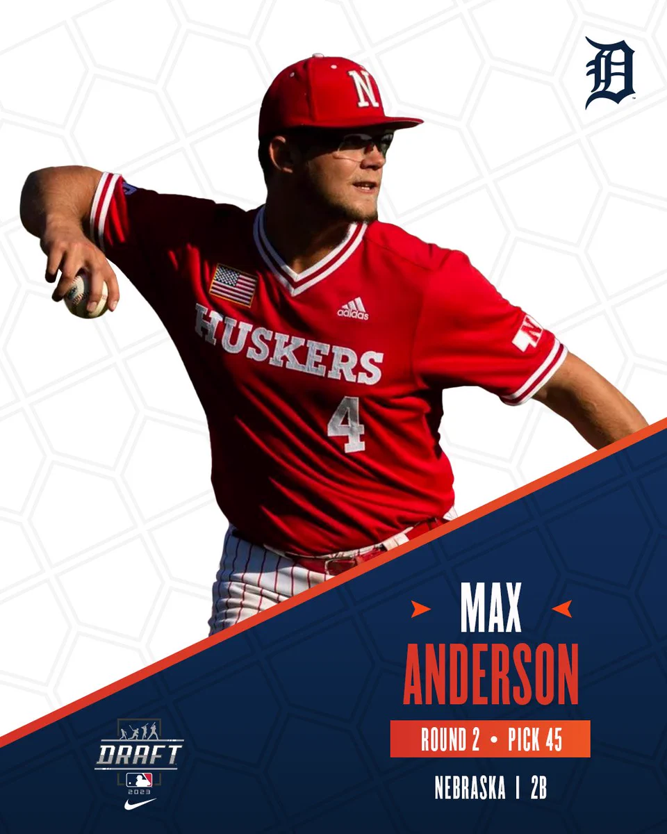 Round 2, Pick 45: Max Anderson, Nebraska, second base. Photo cutout of Anderson on home plate-patterned white and blue background.