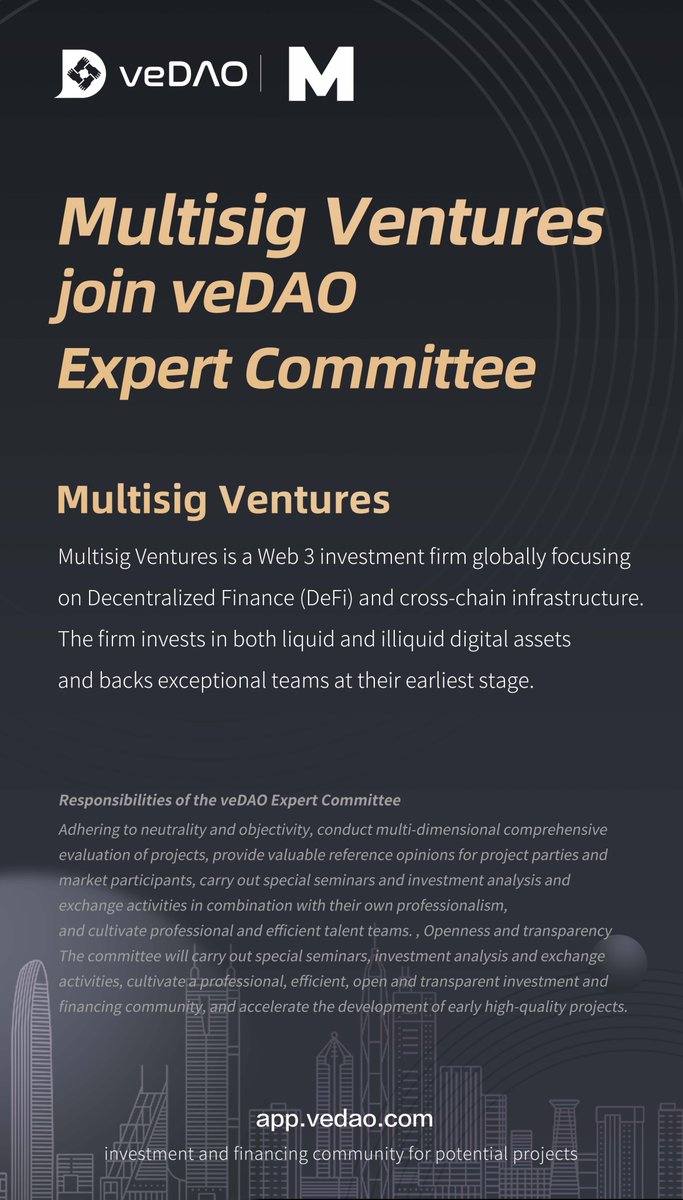 🎉🎉We're pleased to announce <a href="/multisig_vc/">Multisig Ventures</a> has joined us as our #veDAO Expert Committee！

📚veDAO Expert Committee is composed of expert institutions such as security auditors, investment institutions, etc. Members will provide comprehensive reviews for high-quality projects and
